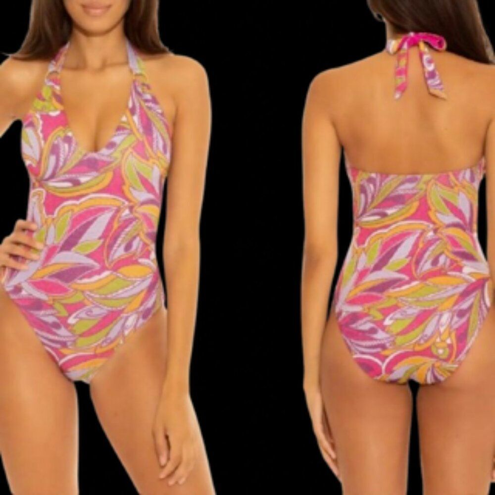Becca by Rebecca Virtue 1 piece plunge neckline swimsuit tank shimmer poolside